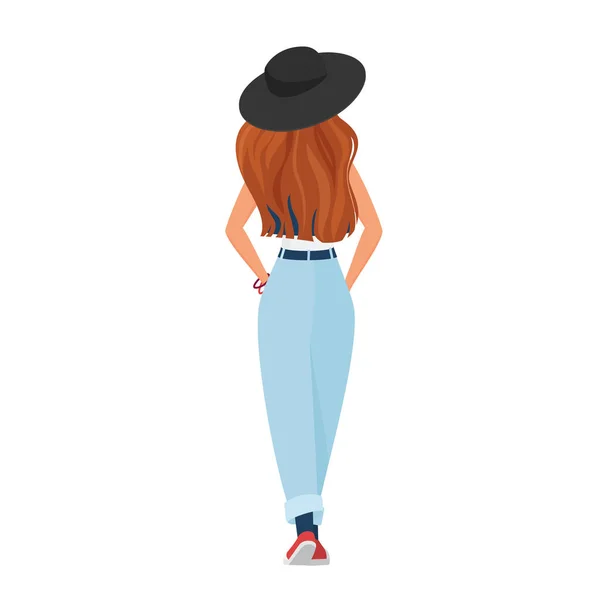 Vista Posterior Pie Chica Hipster Mujer Bastante Joven Con Sombrero — Vector de stock