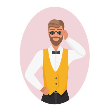 Havalı hippi adam. Klasik takım elbise vektör çiziminde gözlüklü şık sakallı çocuk.