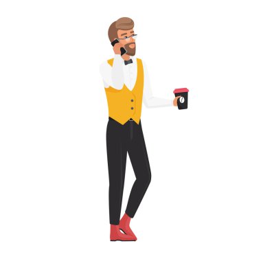 Kahveli şık hippi adam. Paket kahve vektörü çizimi olan genç adam.