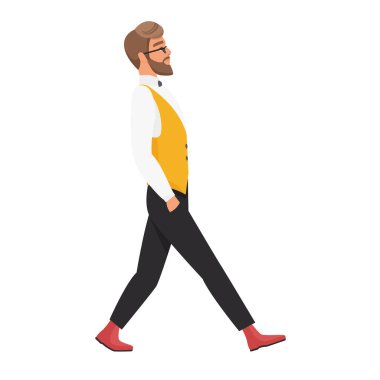 Elleri ceplerinde yürüyen hippi. Hippi çocuk yürüyüş vektörü karikatürü çiziyor.