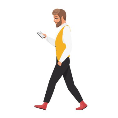 Hippi adam akıllı telefon kullanıyor. Yürüyen hipster çocuk mobil vektör çizgi film çizimi tutuyor