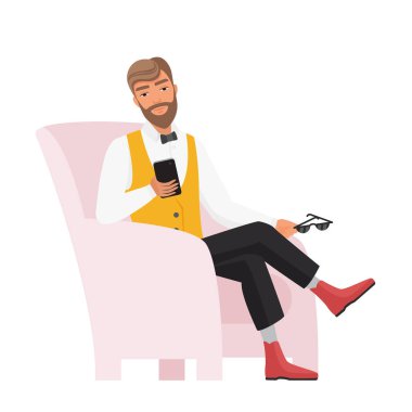 Hippi adam koltukta oturuyor. Rahat hipster çocuk mobil vektör karikatür çizimi kullanıyor