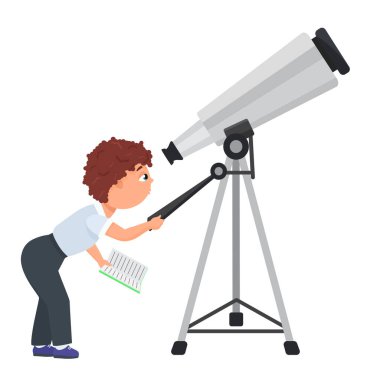 Teleskoplu okul çocuğu. Okul astronomisi öğrenimi, okul vektör çizimi