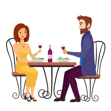 Romantik restoran randevusu. Sevgili çift çıkıyor, vektör illüstrasyonunu kutlamaya bayılıyorum.