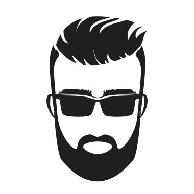 Erkek berber dükkanı. Güneş gözlüğü etiketli havalı adam, şık hipster amblem vektör çizimi