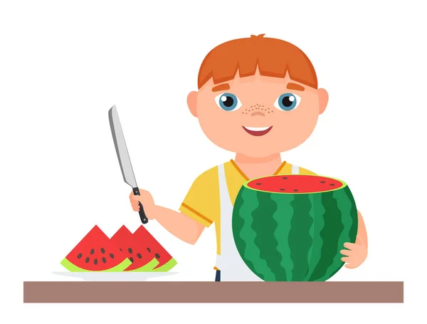 Little Boy Cutting Watermelon Kid Eating Fruit Child Chef Kitchen — Stock Vector