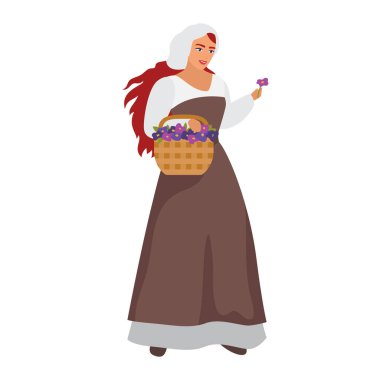 Çiçek sepeti olan ortaçağ kadını. Geleneksel kıyafet karikatürü çizen orta yaşlı kadın.