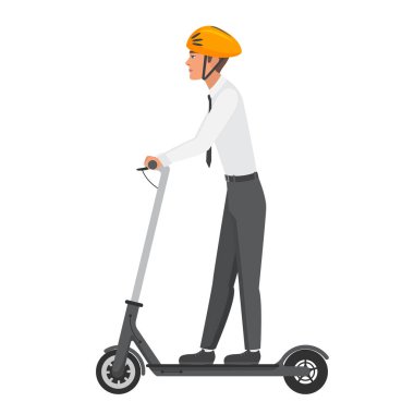 Elektrikli scooter kullanan bir ofis çalışanı. Eko taşıma vektörü illüstrasyonuna katılan işletme yöneticisi