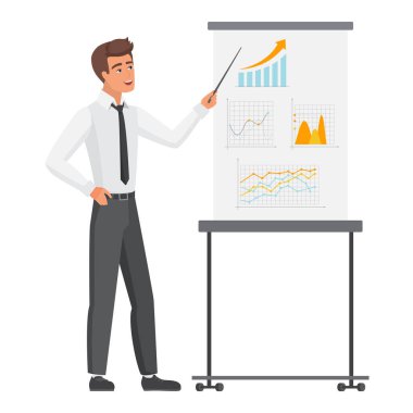 Ofis çalışanı sunum yapacak. Rapor vektör illüstrasyonunu sunan işadamı