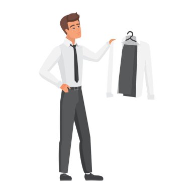 Ofis çalışanı gömlek seçer. Yönetici iş kıyafeti vektör illüstrasyonunu seçin