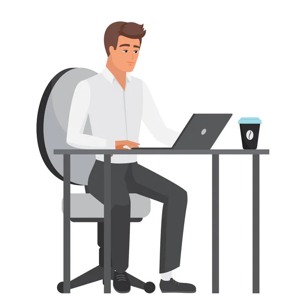 Ofis Çalışanı Çalışma Masasında Şadamı Dizüstü Bilgisayar Vektör Çiziminde Çalışıyor — Stok Vektör