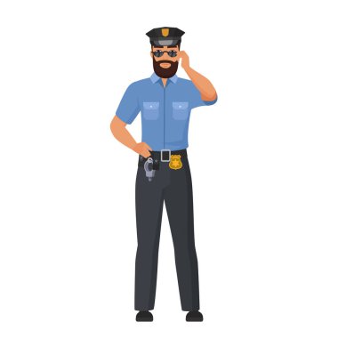 Güneş gözlüklü havalı polis. Çalışma üniformalı polis memuru. Çizgi film çizimi.