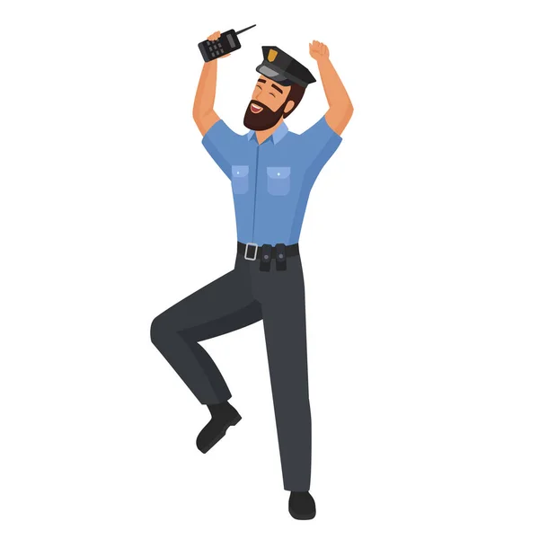 ウォルキー トーキーと 興奮した警官だ 働く均一漫画ベクターのイラストで幸せな警察官 — ストックベクタ