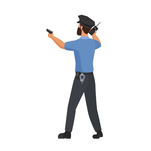 Задний Вид Полицейского Пистолетом Офицер Полиции Вызывает Векторную Иллюстрацию Рации — стоковый вектор