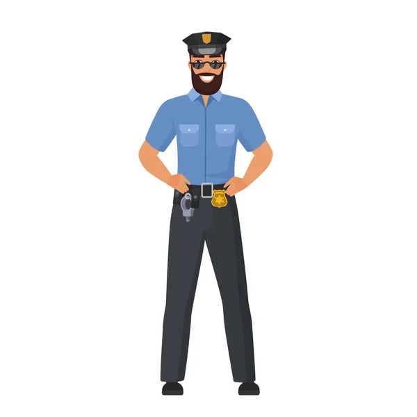 Selbstbewusster Polizist Uniform Stehender Polizist Mit Sonnenbrille Cartoon Vektor Illustration — Stockvektor