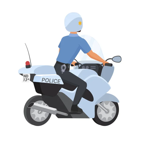 Back View Policeman Riding Motorcycle Patrol Police Officer Motorbike Cartoon — Stock Vector