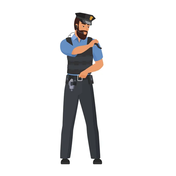 Polizist Gespräch Über Kopfhörer Streifenpolizist Mit Walkie Talkie Cartoon Vektor — Stockvektor