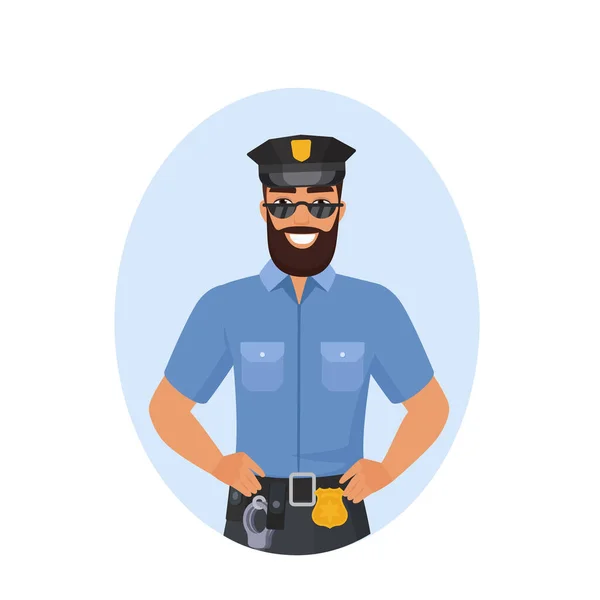 手のひらに笑顔の警官がいる 職場ユニフォーム漫画ベクターイラストでハッピー警察官 — ストックベクタ
