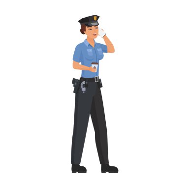 Kadın polis telefonda konuşuyor. Kahve karikatürü çizimi çizen bayan polis memuru.