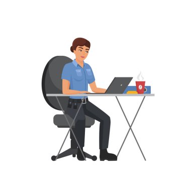 Ofis masasında çalışan kadın polis. Bilgisayar karikatür vektör illüstrasyonunda çalışan polis memuru