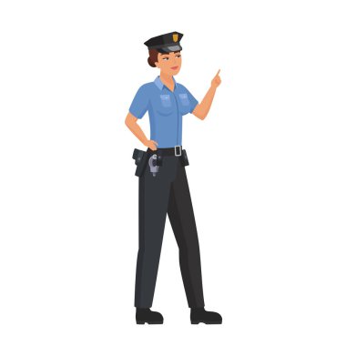 Parmakla işaret eden kadın polis. İş üniformalı kadın polis memuru. Çizgi film çizimi.