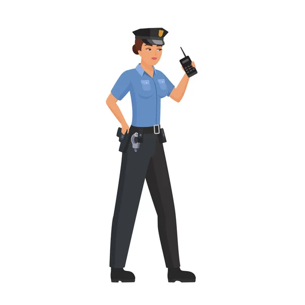 Politievrouw Met Walkietalkie Radio Vrouwelijke Politieagent Bewaker Cartoon Vector Illustratie — Stockvector