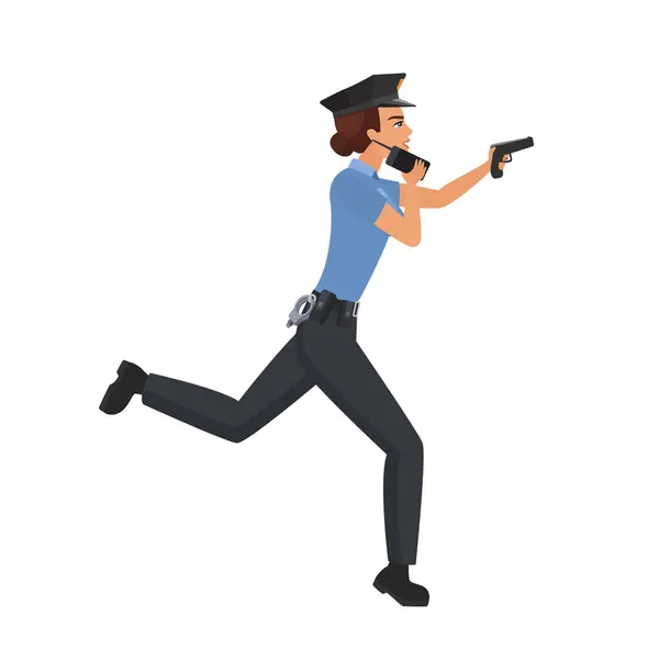 Poliisinainen Juoksee Aseen Kanssa Poliisi Jahtaa Kanssa Ase Sarjakuva Vektori — vektorikuva