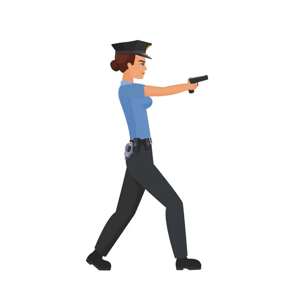 Politievrouw Met Een Gericht Pistool Vrouwelijke Politieagent Schieten Aanval Cartoon — Stockvector