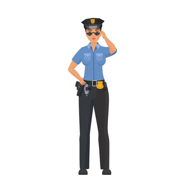 Zelfverzekerde Politievrouw Uniform Staande Politieagent Met Zonnebril Cartoon Vector Illustratie — Stockvector