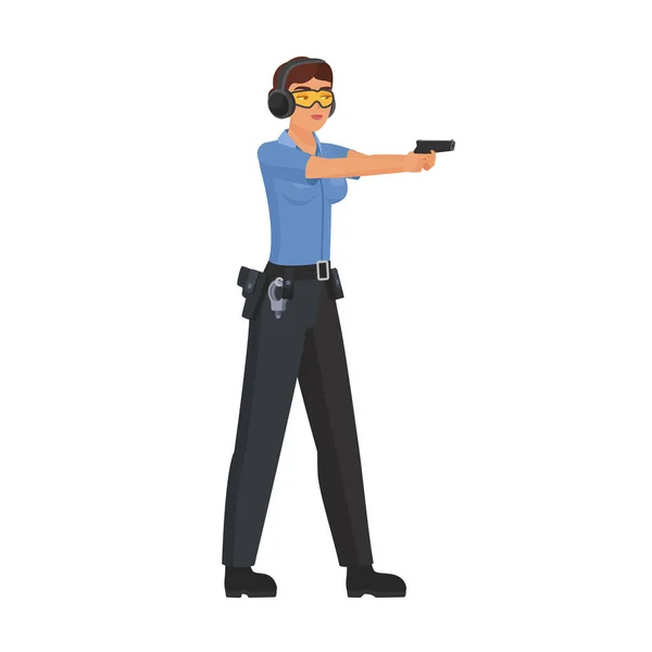 警察のトレーニングシューティング 銃の漫画のベクターのイラストを指す女性警察官 — ストックベクタ