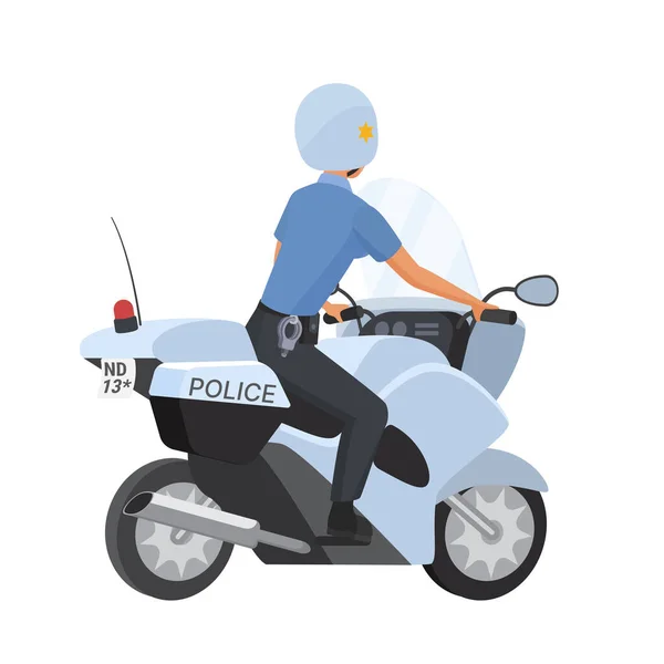Back View Policewoman Riding Motorcycle Patrol Police Officer Motorbike Cartoon — Stock Vector