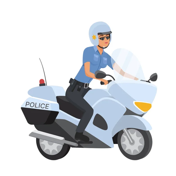 Policewoman Riding Motorcycle Patrol Police Officer Motorbike Cartoon Vector Illustration — Stock Vector