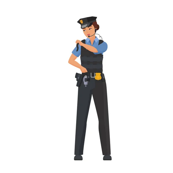 Rendőrnő Golyóálló Mellényt Visel Rendőrtiszt Biztonsági Felszerelés Rajzfilm Vektor Illusztráció — Stock Vector