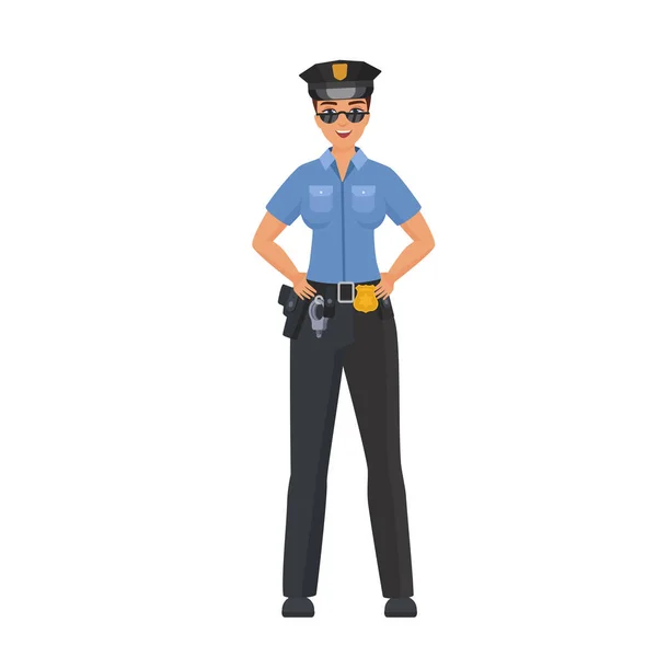 Standing Policewoman Hands Hips Confident Female Police Officer Cartoon Vector — Stock Vector