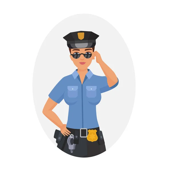 Sorridente Poliziotta Posa Grave Agente Polizia Lavoro Uniforme Cartone Animato — Vettoriale Stock