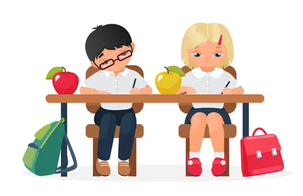 学校の机の上に座っている2人の生徒 小学生 学校生活漫画ベクターイラスト — ストックベクタ