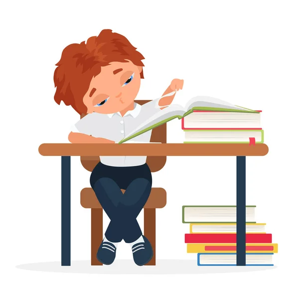 Exhausted School Student Reading Books Tired School Pupil Learning Cartoon — Stock Vector