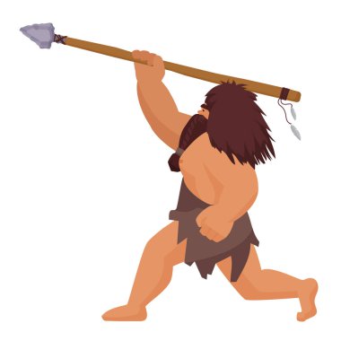 Güçlü bir mağara adamı okla avlanıyor. Silah karikatürü vektör illüstrasyonlu ilkel avcı.