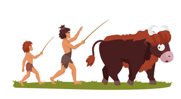 Stone age people cattle. Primitive lifestyle, prehistoric children cartoon vector illustration