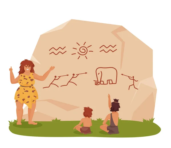 Stone Age School Education Primitive People Ancient Lifestyle Cartoon Vector — Stock Vector
