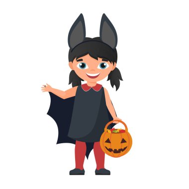 Cadılar Bayramı çocuğu yarasa kostümü. Çocuk karnavalı, özel giyinme vektörü karikatürü çizimi