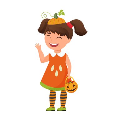 Balkabağı çocuk cadılar bayramı. Ürkütücü kostüm, şaka mı şeker mi geleneksel vektör çizimi