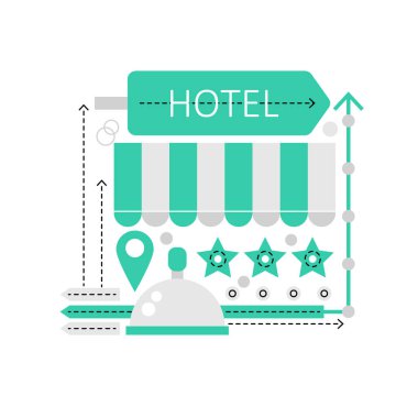 Üç yıldızlı otel tabelası. Resepsiyon, çan resepsiyonisti, otel servis vektör illüstrasyonu.