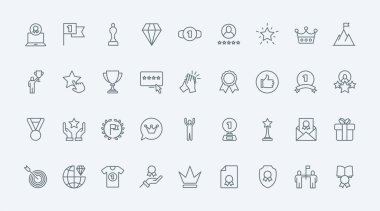 Ödüller ince çizgi simgeleri vektör illüstrasyonunu belirler. Özet siyah kupa rozetleri basit koleksiyon, en iyi kalite ve en iyi ödül ödülü, altın yıldızlar, elmas ve kupa ödülü, taç ve defne ödülü