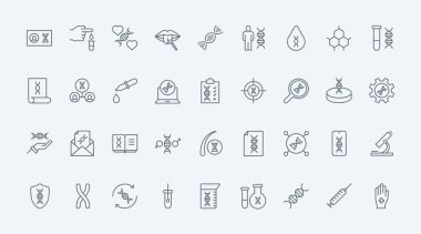 DNA araştırması, klinikteki tıbbi testler ince çizgi simgeleri vektör illüstrasyonunu belirler. Genetik teşhis sembolleri, saç ve kan örneklerinin analizi, hastalık teşhisi için bilimsel teknoloji.