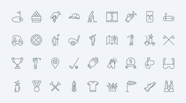 Golf ince çizgi simgeleri vektör illüstrasyonunu ayarlar. Golfçü için resim malzemesi koleksiyonu, çim sahası için top ve bayrak deliği, antrenman oyuncusunun etkinliği ve kupa ödülü, elektrikli araba