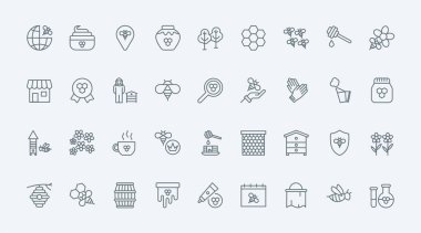 Tatlım, arı ve arıcılık ince çizgi simgeleri vektör illüstrasyonunu belirler. Propolis ve polen, çiçek aromalı tatlı nektar ve bal peteği, arı yetiştiricisi ve arı kovanı içeren özet bal çiftliği sembolleri koleksiyonu