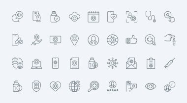 Dijital tıp çizgisi simgeleri vektör illüstrasyonunu ayarlar. Özet ince tıbbi semboller ve teletıp koleksiyonu, doktorla hasta arasında telefon, dizüstü bilgisayar yoluyla tanı koymak için online iletişim.