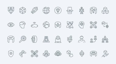 Metaverse ince çizgi simgeleri vektör illüstrasyonunu ayarlar. Sanal dünya simülasyonu için 360 yuvarlak görüş, video oyunu için yenilik kulaklığı, blockchain ve NFT sembolleri ile VR gözlüklerinin ana hatlarını çiz