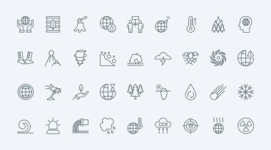 İklim değişikliği nedeniyle küresel çevre felaketleri ince çizgi simgeleri vektör illüstrasyonunu belirler. Olağanüstü hava sorunlarının ana hatları, deprem ve kuraklık, okyanus fırtınası ve kasırga, eriyen buz